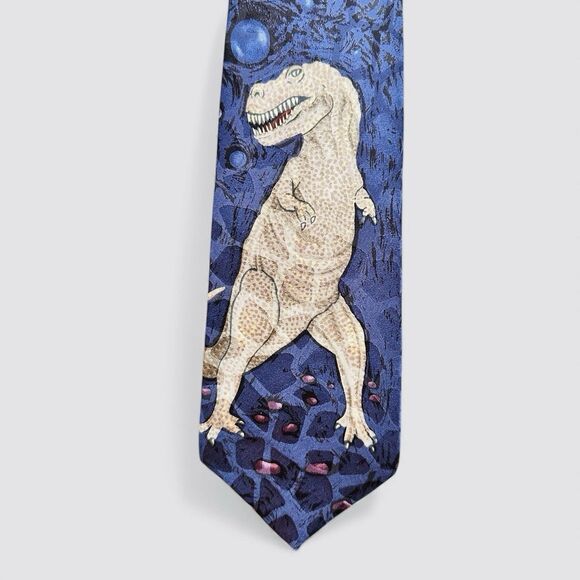 Vintage Y2K T-Rex Dinosaur Blue 100% Silk Necktie Tie Teacher Casual Science EUC - Picture 3 of 4